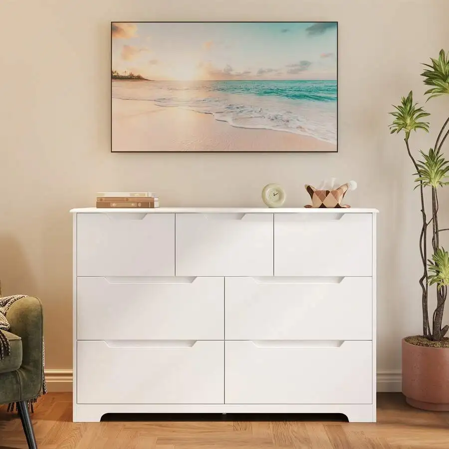 Asofer 7 Drawer Dresser, Wooden Dresser with Cutout Handle, Wooden Chest of Drawers for Bedroom, Living Room, Entryway, Hallway, Room Decoration, White