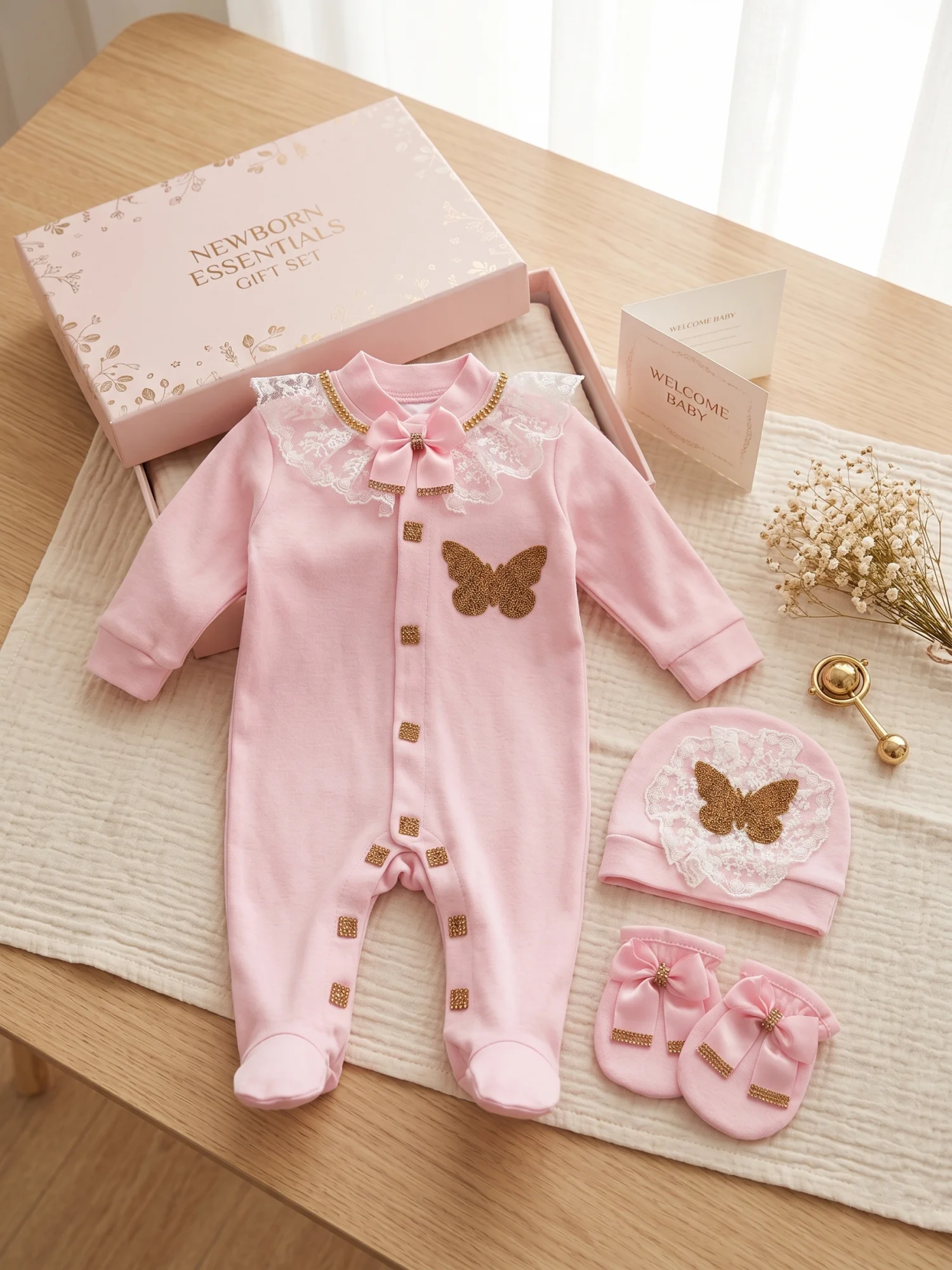 Süßes Rosa Baby-Mädchen-Outfit 3-teilig Baumwolle Weicher Strampler mit Strass-Schleife und Schmetterling Neugeborenen-Geschenkset