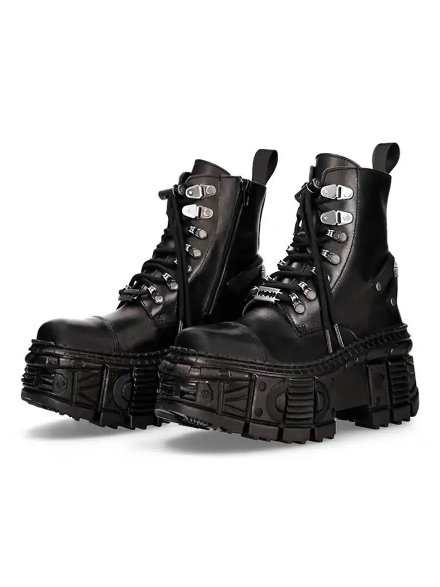 Retro punk street shot botas de fundo grosso design de moda metal preto escuro botas de motocicleta para homens e mulheres botas moto