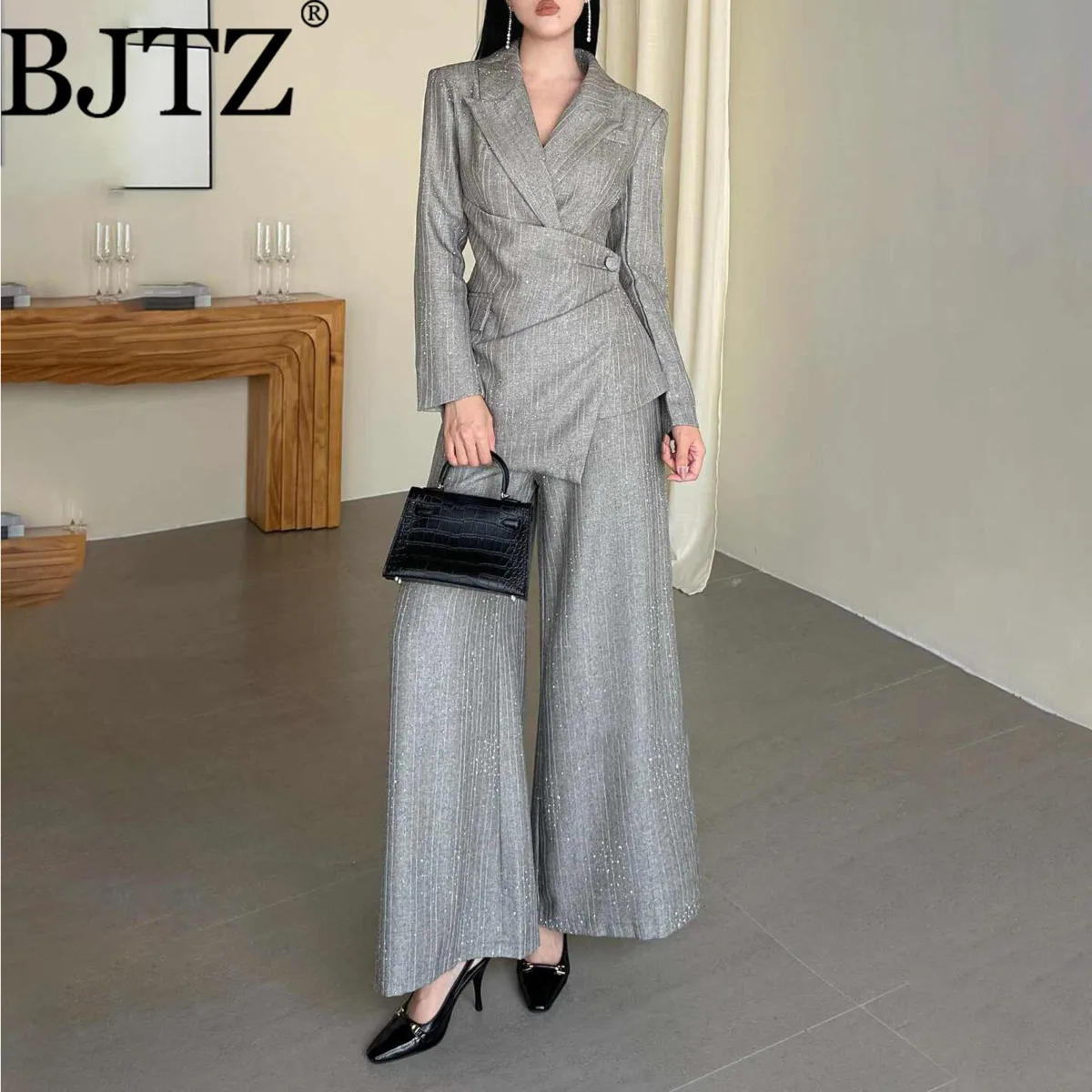 

BJTZ Fashion Elegant Designer Blazer Jacket+wide Leg Straight Pant Suit Two Piece Set For Women 2025 Spring Autumn New