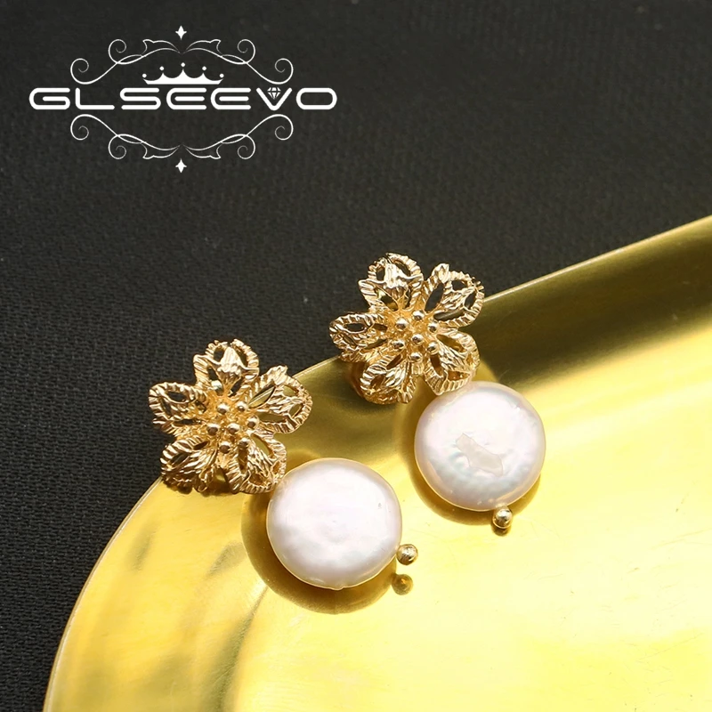GLSEEVO Fashion Hollow Metal Flowers Baroque Pearl Woman Drop Earrings Temperament Simple Trendy Girls Party Gift Jewelry GE1180