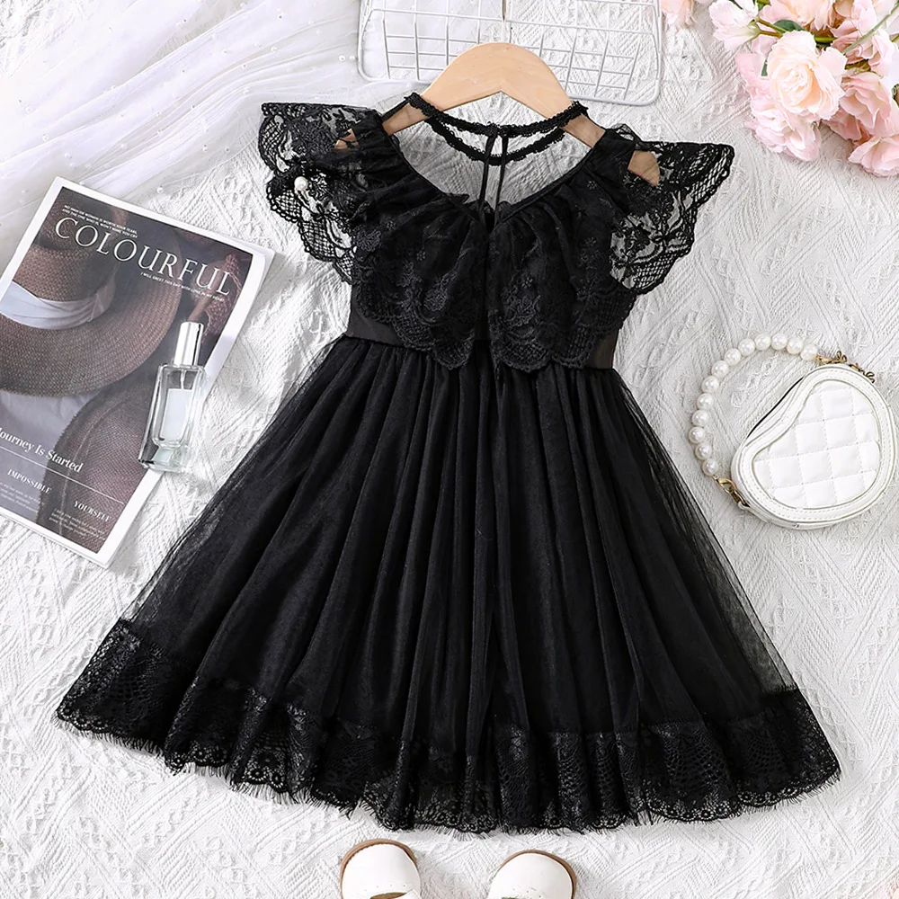 2024 Summer New Arrival Girls Sleeveless O Neck Lace Black Designer Cute Party Princess Dress Custume 2-6T