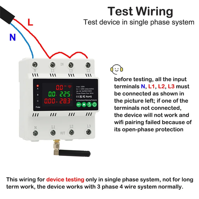 Elegante-3 fasi 4 fili 380V 100A Tuya Wifi Smart bidirezionale Energy Power Kwh Meter Rilascio automatico Protezione da sottotensione