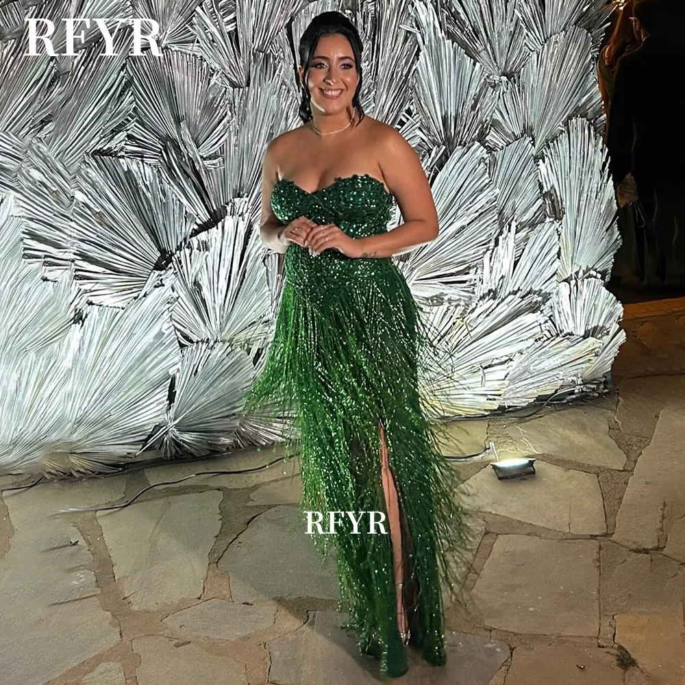 

RFYR Green Party Dress Tassels Evening Dress Side Slit Prom Dress with Applique Elegant Fairy Dress for Princess Customized