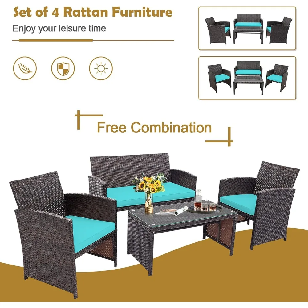 4 Pieces Wicker Patio Furniture Set, Outdoor PE Rattan Conversation Set with Chairs,Loveseat, Coffee Table,Cushions for Poolside