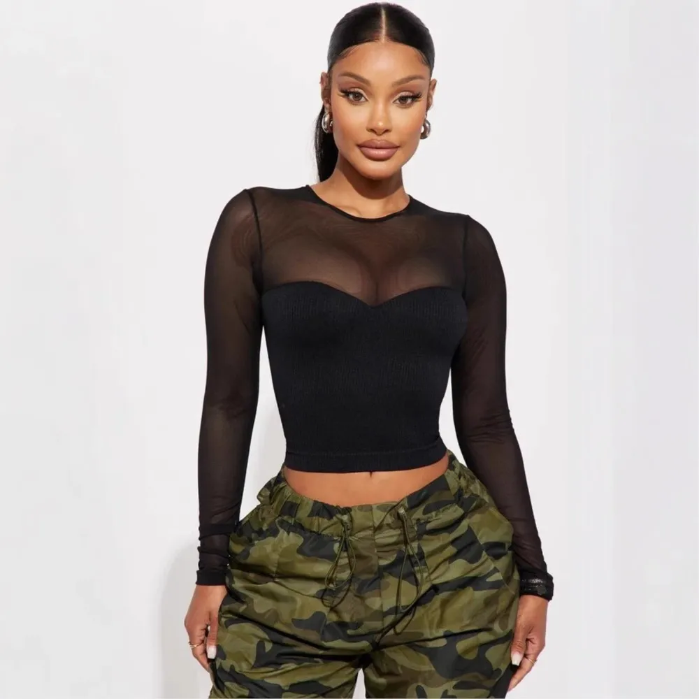 

Casual Women's T-shirt Blusas Long Sleeve Top T Shirt Tees Simple Style All-match Hot Girl Style Slim See Through Mesh Patchwork