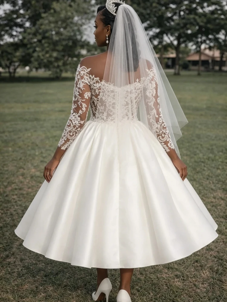 Elegant  A-line Wedding Dresses for Bride Sheer Neck Three-quarter Sleeves Lace Satin Garden Civil Bridal Gown vestido de novia