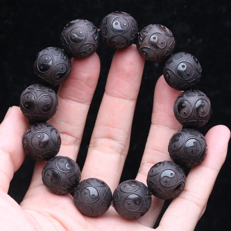 Ebony Men's Wooden Bracelet Symbol of Philosophy Male Bracelet Symbol of Divination 20mm Black Wooden Bead Bracelet