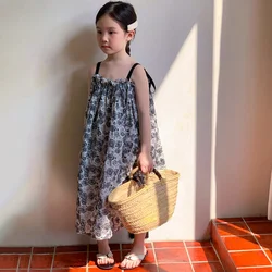 Girls' Korean Style Summer Dress Girl Suspender Puffy Dress Skin-friendly Girls' Summer Beach Dress Flowers Printing 3-8T