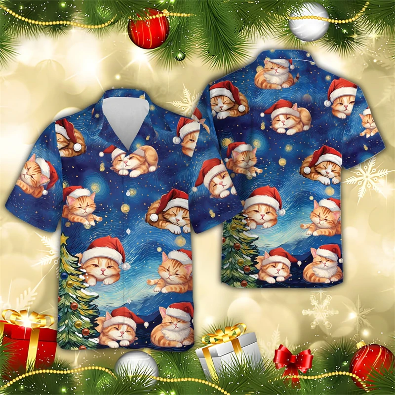 Kawaii Cat Xmas Hawaiian Shirts For Men Clothes Happy Christmas Beach Shirt Cute Pet Unisex Lapel Blouse Women Short Sleeve Tops