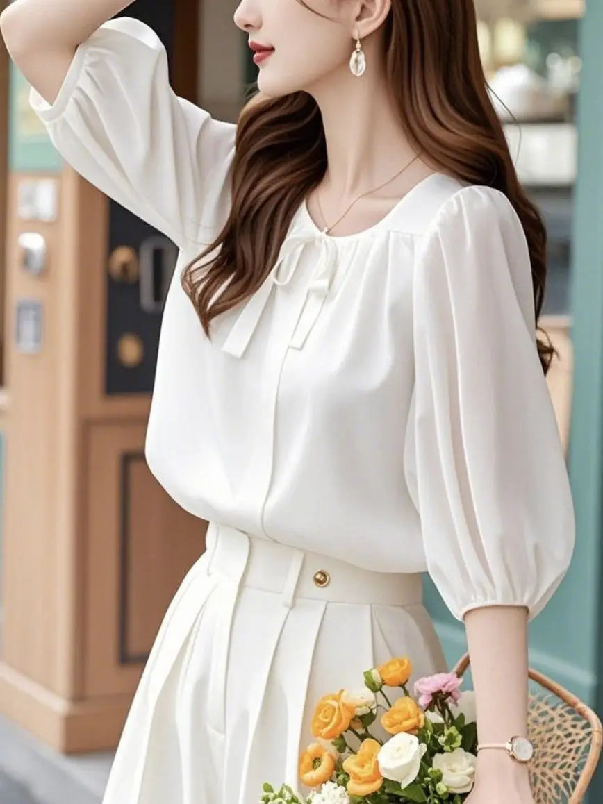 

Chic Korean Sle Casual Blue Chiffon irt Women's Five-Quarter Sve Commute Top Spring Autumn Anti-Aging Good Looking
