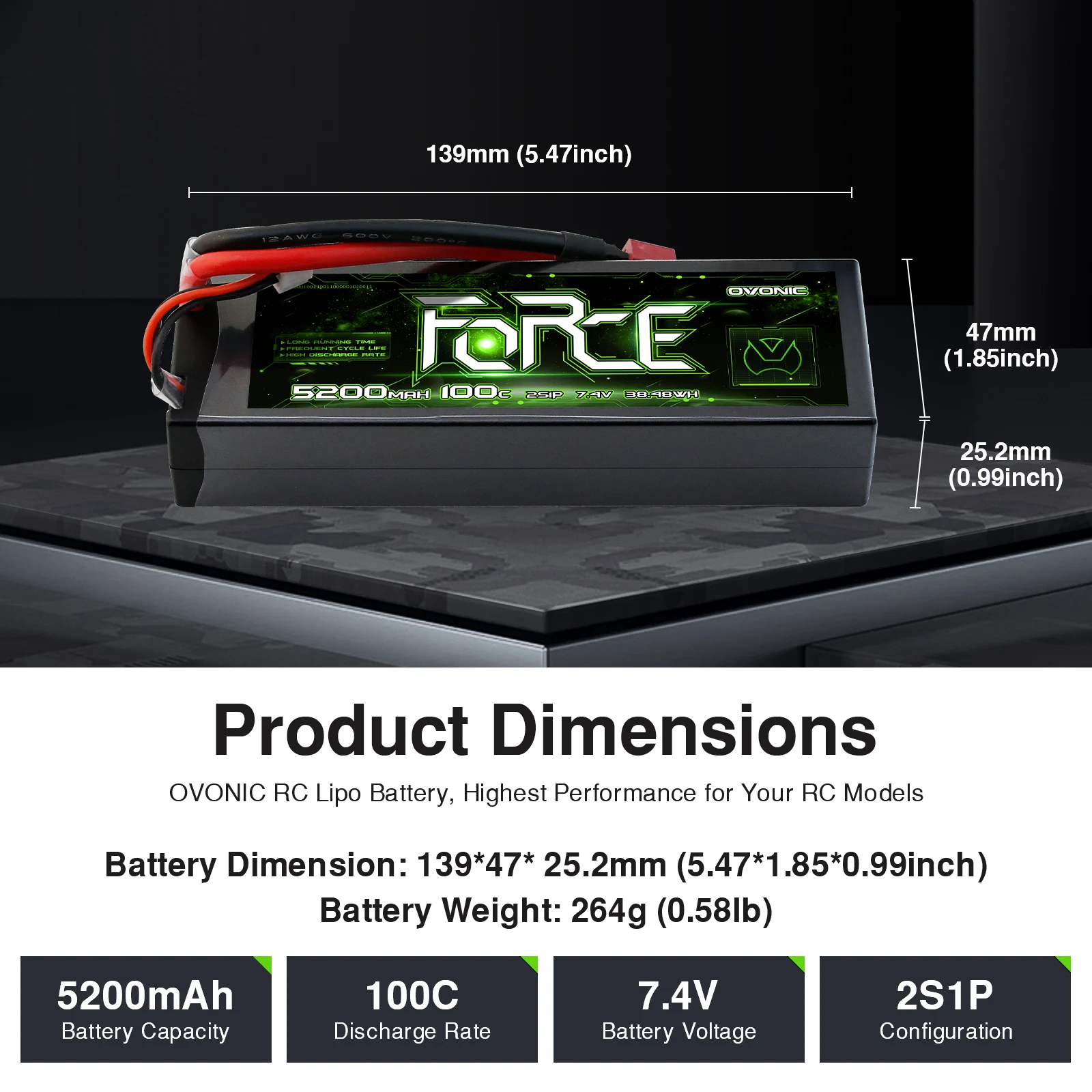 OVONIC Lipo Battery 7.4V 100C 5200mAh 2S Battery Dean-Style T Connector with Lipo Voltage Checker - view 2