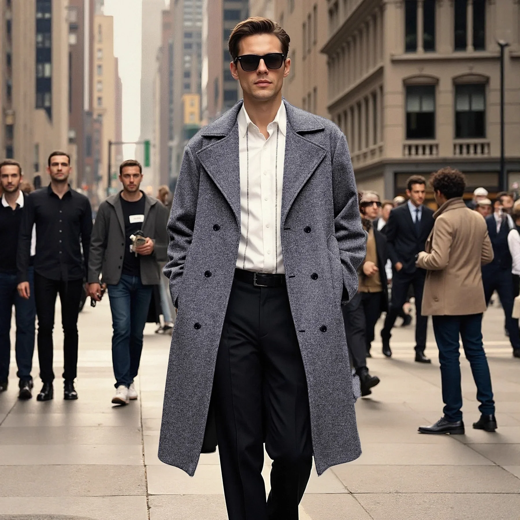 

New Men's Double-breasted Woolen Trench Coat Social Elegance Versatile Coat