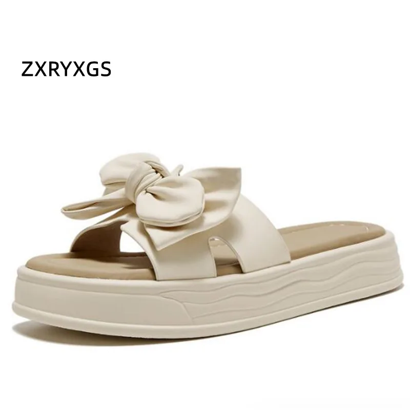 

ZXRYXGS Women Genuine Leather Slippers New 2024 Sweet Bow Fashionable Slippers Flat Platform Shoes Increase Sandals Casual Shoes