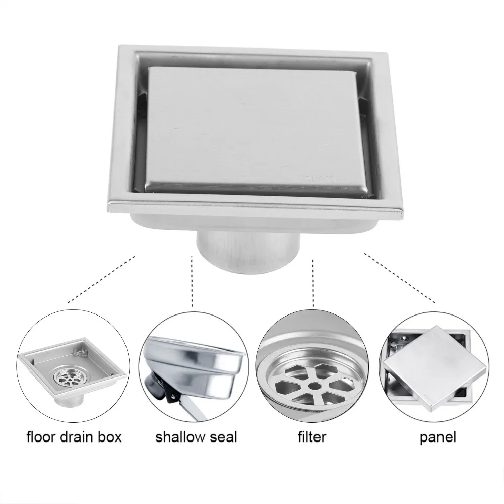 304 Stainless Steel Floor Drain 4.33 Inch Brushed Finish Bathroom Drain Removable Grille Cover Square Shape Floor Drainer Garage