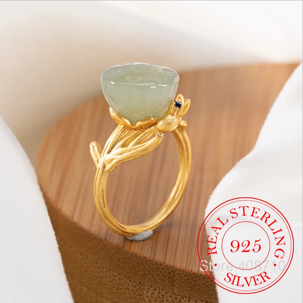 925 Sterling Silver Jewelry Luxury Natural Jade Lotus Seed Pod Finger Rings for Women Wedding Party Jewelry For Friends Gift