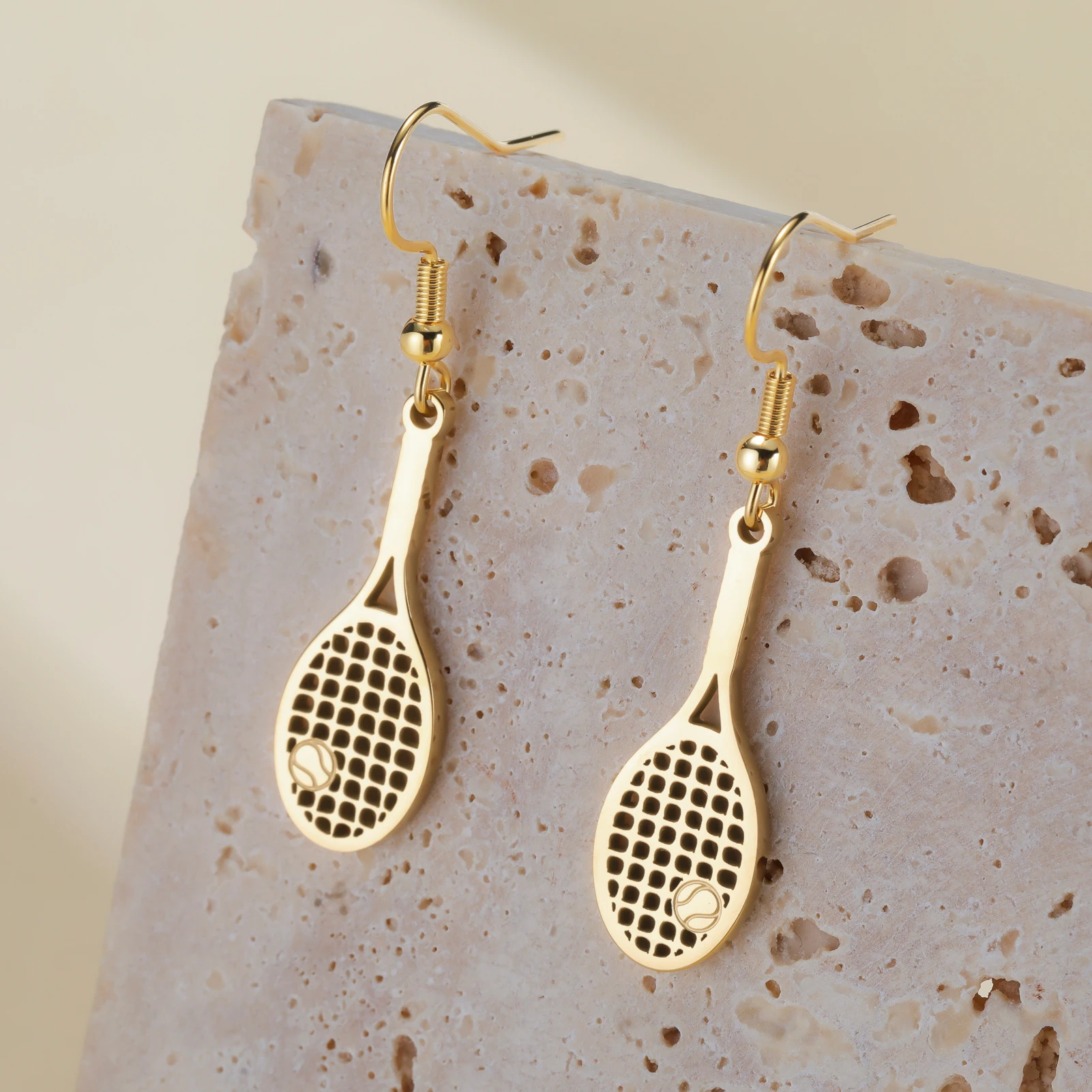 Skyrim Tennis Ball and Racket Pendant Drop Earrings Women Girls Stainless Steel Gold Color Cute Sports Jewelry Birthday Gift