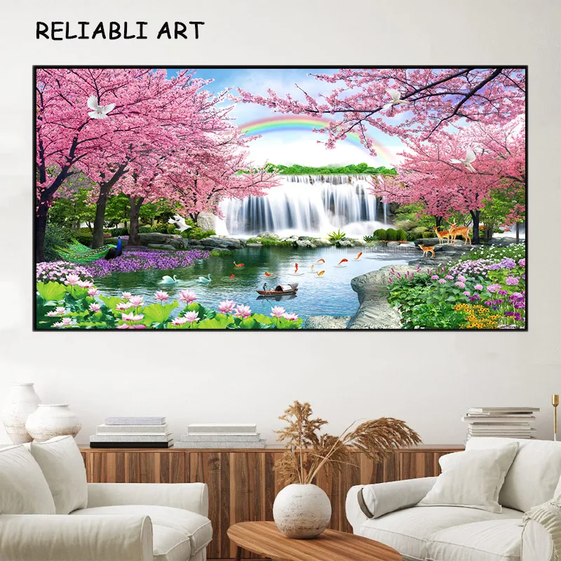 Pink Flower Waterfall Koi Fish Landscape Poster and Prints Canvas Painting Wall Art Pictures For Living Room Home Decor No Frame