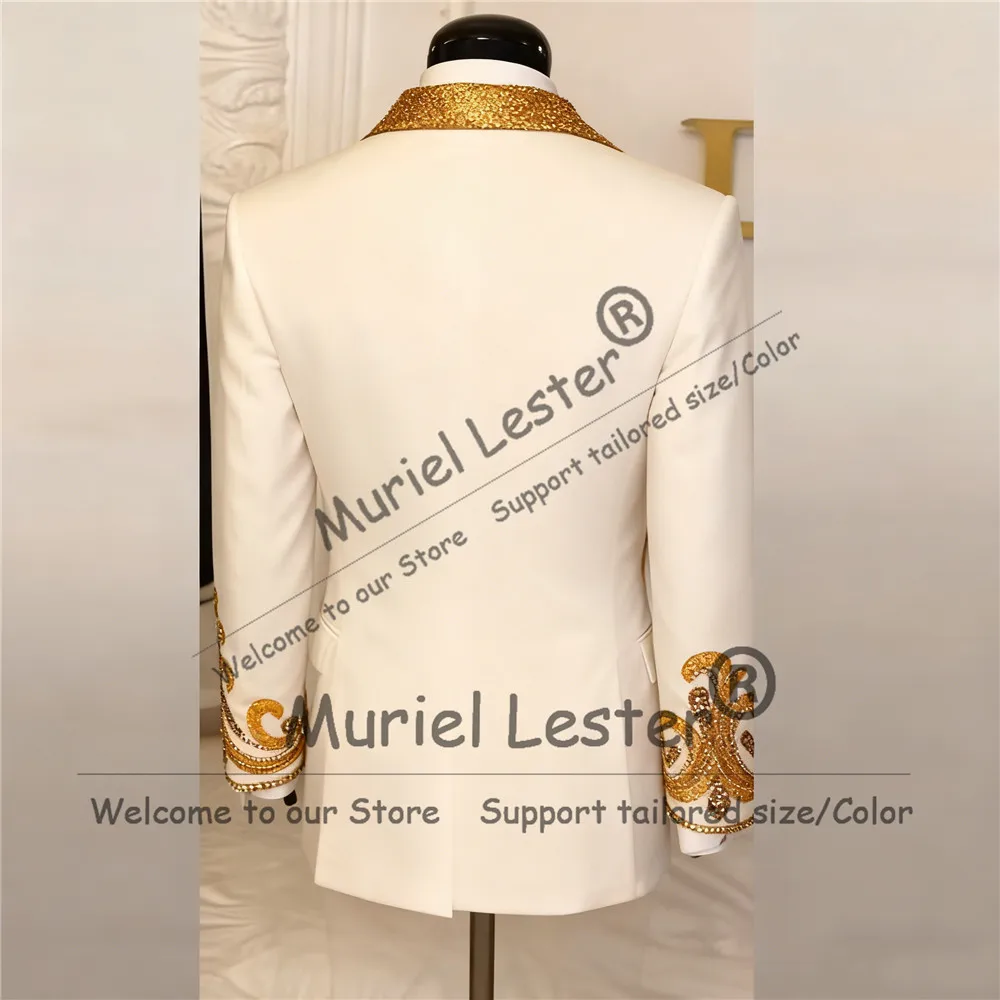 Gold Beads Crystals Suit Men Sparkly Sequined Lapel Prom Blazers Outfits Slim Fit 2 Piece Set Groom Wedding Tuxedos Customized