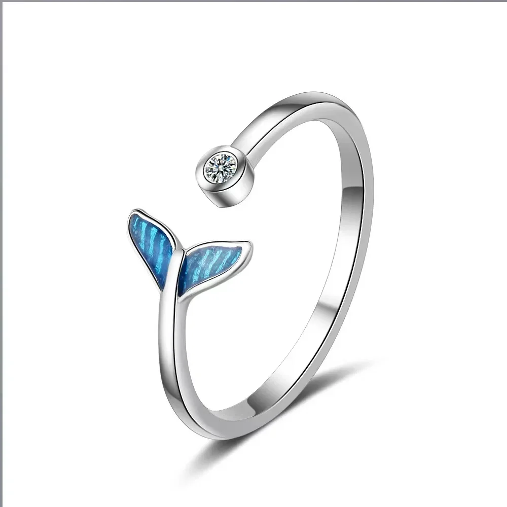 New Fashion Whale Tale Mermaid Clear Blue Silver Color Copper Finger Rings Layered Adjustable For Women Jewelry Gift Dropship