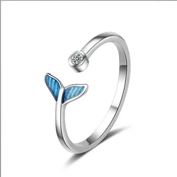 New Fashion Whale Tale Mermaid Clear Blue Silver Color Copper Finger Rings Layered Adjustable For Women Jewelry Gift Dropship