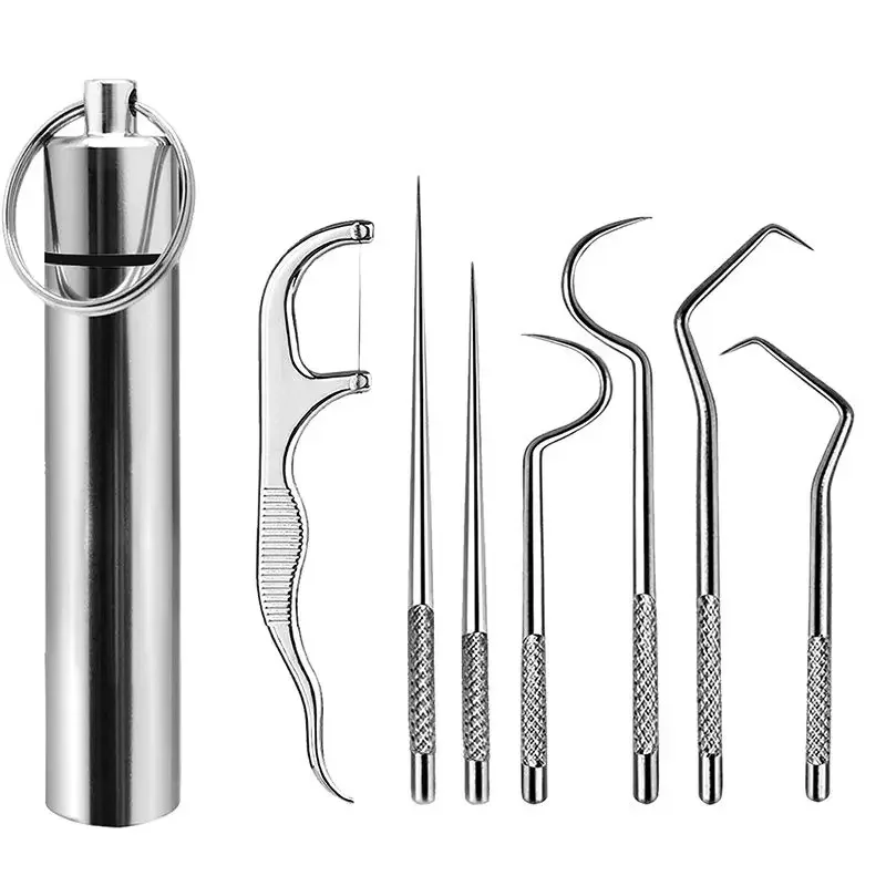 

7pc/set Stainless Steel Toothpick Set Tooth Flossing Reusable Toothpicks Portable Toothpick Floss Teeth Cleaner Oral Cleaning