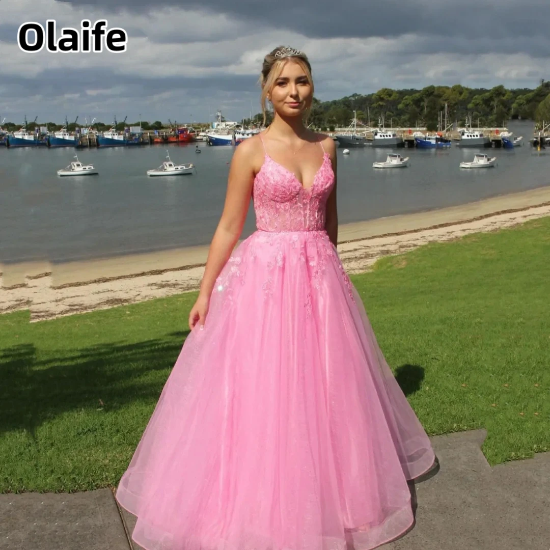 

Olaife Appliques Prom Dresses Spaghetti Straps Glitter Tulle Evening Dresses Formal Dress Formal Party Dresses Vestidos De Noche