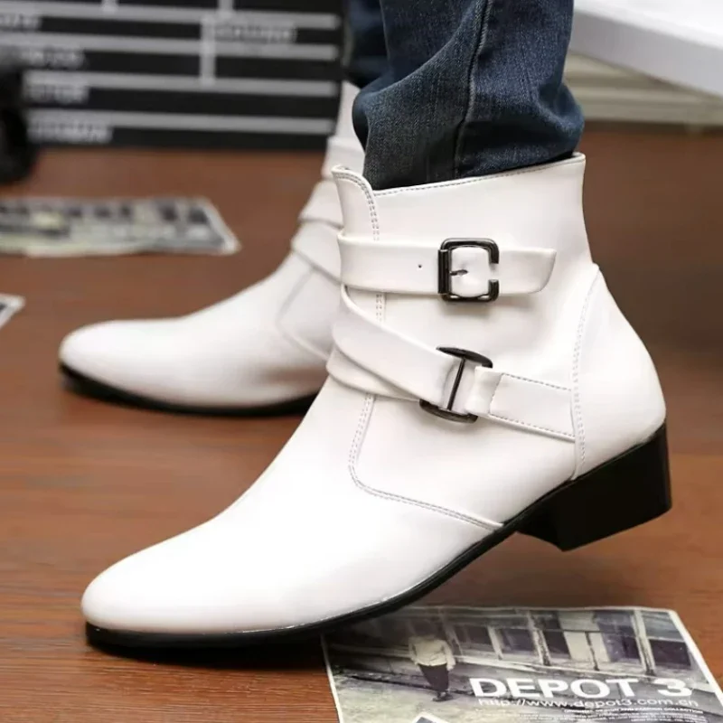 New Men's Boots Leather Chelsea Boots High Top Buckle with Formal Shoes Large English Ankle Boots Pointed White Boots