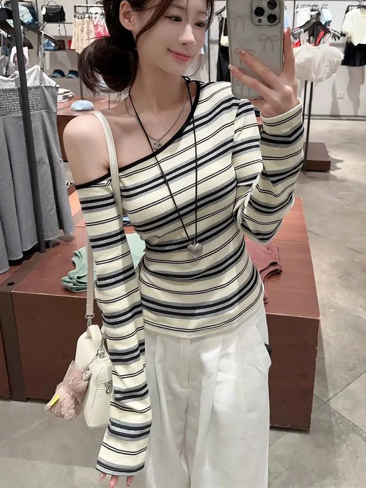 Koreanisches Vintage Off-Shoulder Gestreiftes Oberteil für Damen 100% Gerippte Baumwolle Langarm T-Shirt Frühling Herbst Basic Tees 2025 Neu