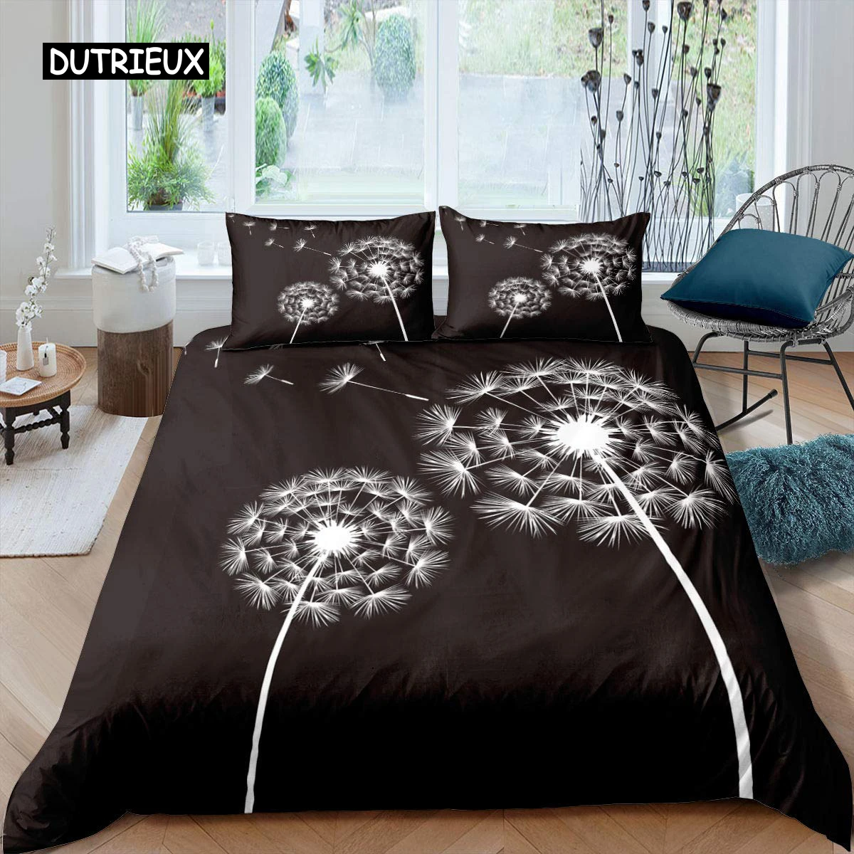 Dandelion Duvet Cover Set Queen Size for Kids Flying Flower Comforter Cover Monochrome Dandelions Floral Theme Twin Quilt Cover