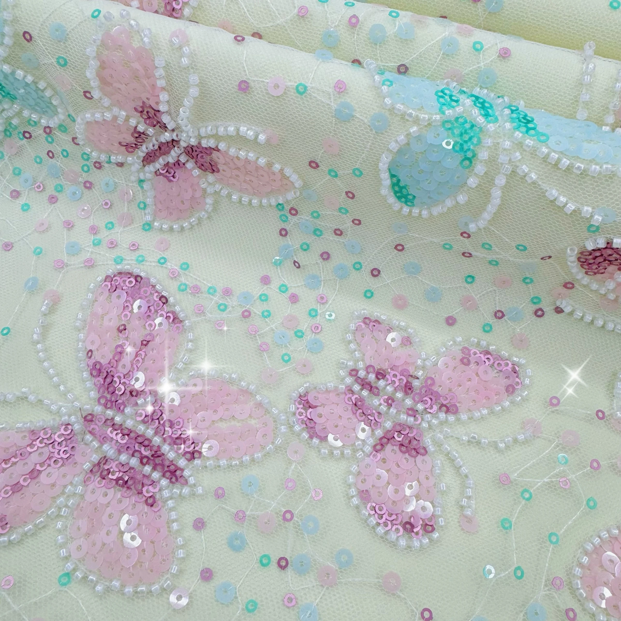 Sequin fabric materials for wedding dresses and party dresses, Butterfly sequin embroidery fabric for design