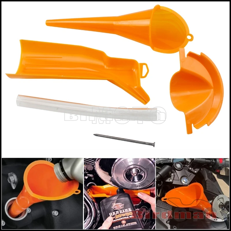 Motorcycle Orange Drip-Free Primary Oil Fill Funnel Kit For Harley Dyna Softail Sportster XL XR Touring Trike Oil Catcher Drain