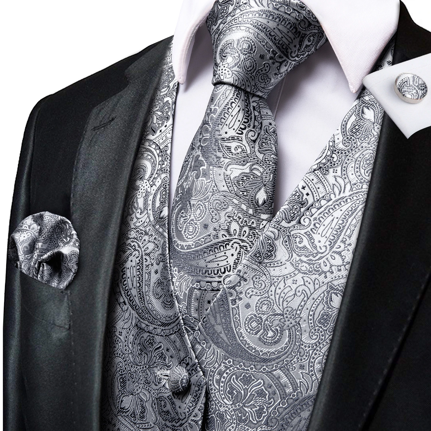 Hi-Tie Grey Men Silk Vests Luxury Neck Tie Hanky Cufflinks Brooch Set Classic Paisley Waistcoat for Male Wedding Party Designer