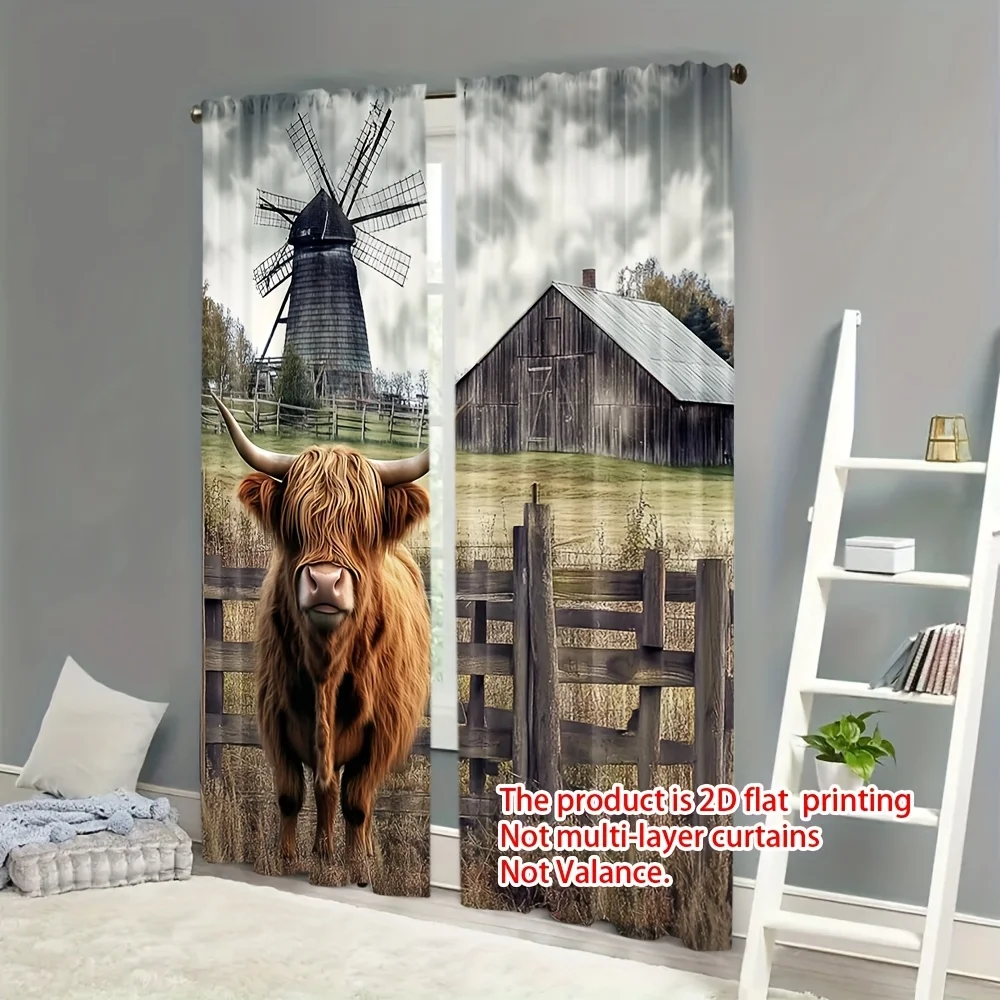 2pcs Highland Cow Curtains Windmill Barn Window Drapes Farm Animal Living Room Decor Country Style Drape