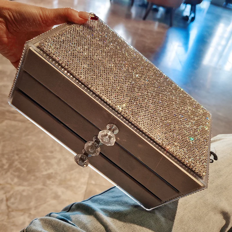 

Luxury Rhinestone Jewelry Storage Box Three Layer Velvet Earring Jewelry Organizer Ring Display Jewelry Box Dust Proof Case Gift