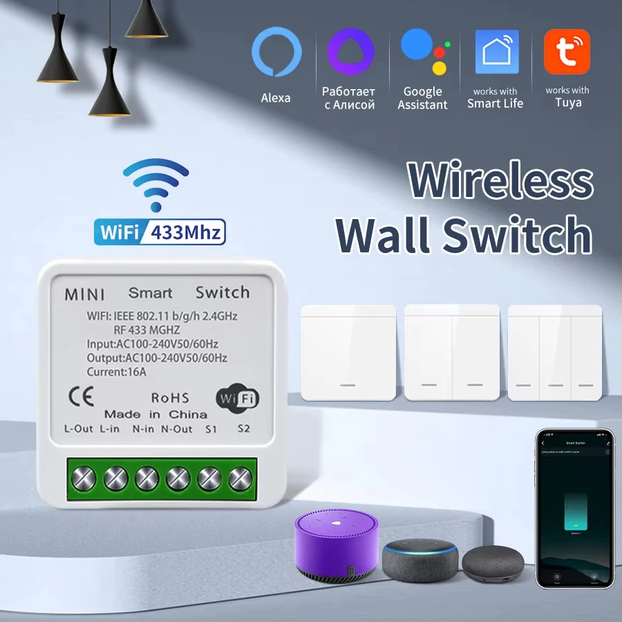 Tuya WiFi Smart Switch Modul RF 433MHz Mini-Relais-Empfänger DIY Smart Home Automatisierungssteuerung Kompatibel mit Alexa Google Home