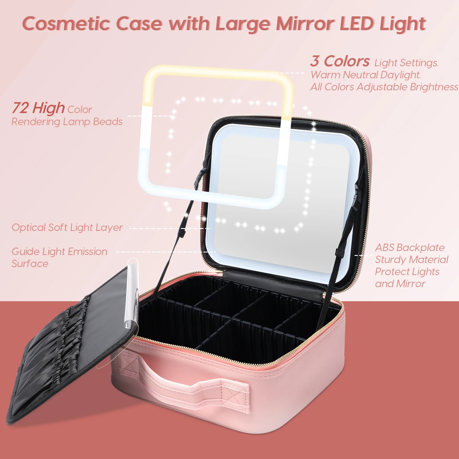 Travel Makeup Bag With LED Lighted Make Up Case With Mirror 3 Color Setting Cosmetic Makeup Box Organizer Vanity Case For Women