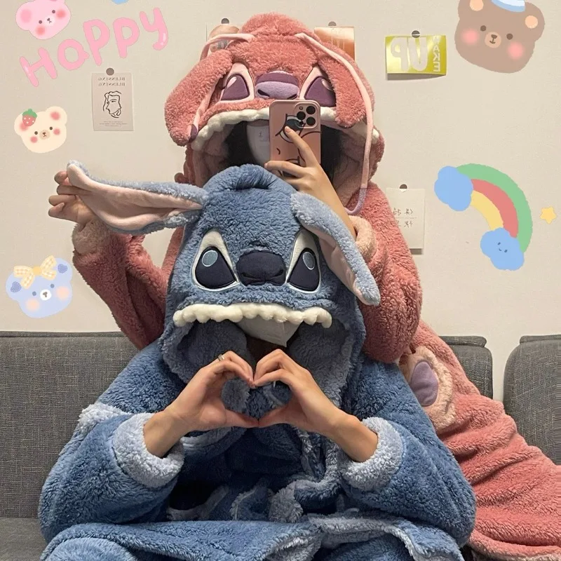 

Disney Stitch Angel Hooded Pajamas Y2k Couple Kawaii Coral Fleece Home Clothes Set Women Winter Warm Plush Female Sleepwear Suit