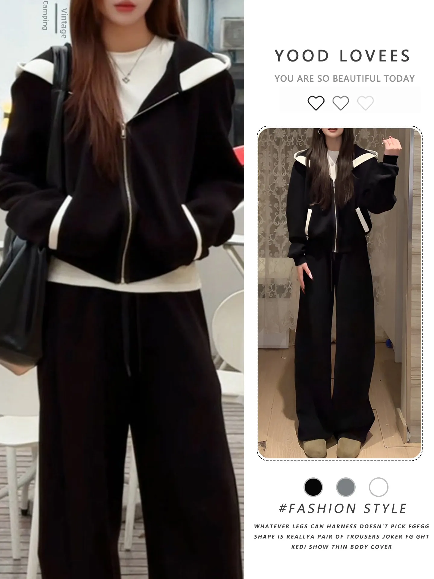 

Salt Series Fashionable Spring Autumn Lazy Style Hoodie Straight Leg Pants Two Piece Set High Waist Zipper Closure Casual Wear