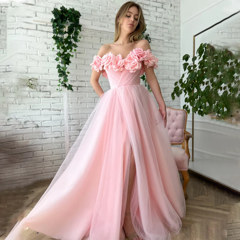 

Customized Pink Sweetheart Off Shoulder Floral 3D Flowers Front Slit Pleats Prom Gown And Back Zipper Sleeveless Evening Dress