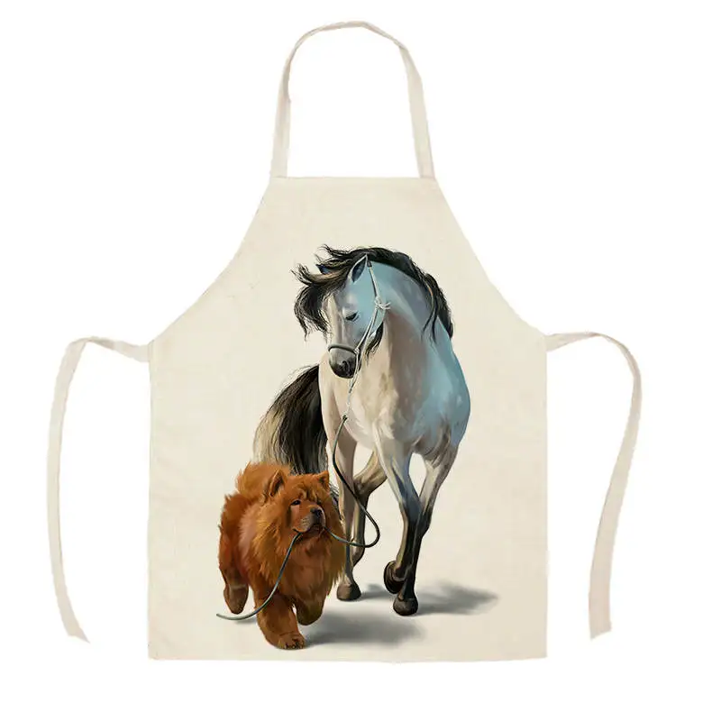 1Pcs Kitchen Apron Animals Cute Cartoon Cat Horse Dog Printed Sleeveless Cotton Linen Aprons for Women Home Cleaning Tools55*68c