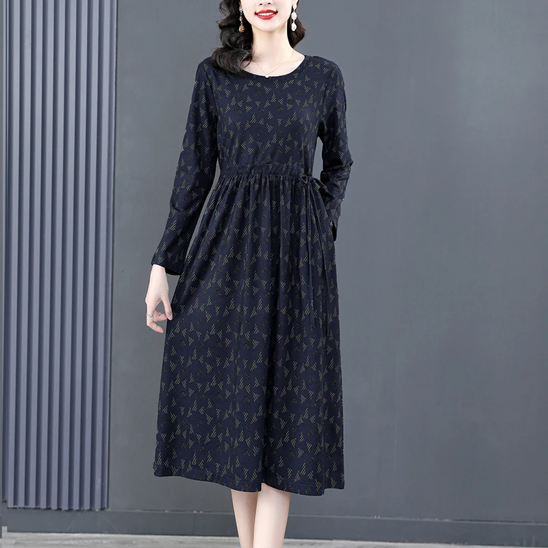 

2023 New Fashion Retro Dress Women's Autumn Versatile Luxury Round Neck Long Sleeve Loose Fit Casual Holiday Dress Vestidos