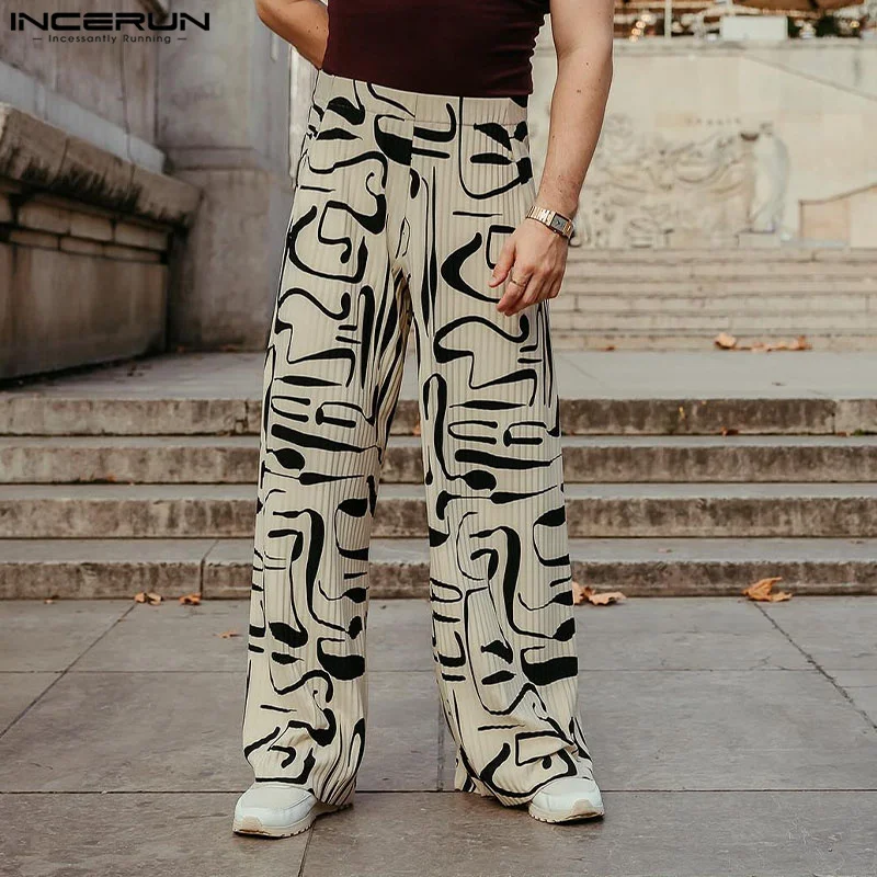 2024 Fashion Men Pants Printing Elastic Waist Loose Casual Trousers Men Joggers Streetwear Leisure Wide Leg Pants S-5XL INCERUN