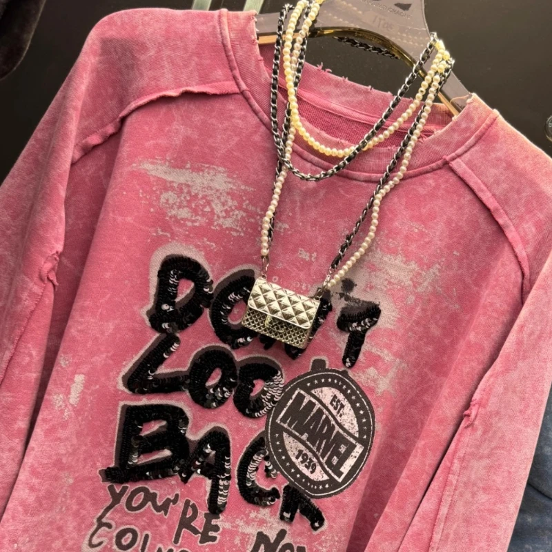 Special Design Distressed Printed Sequin Sweatshirt For Women's New Loose Casual Style Top 2025 Autumn New O-neck Top Clothes