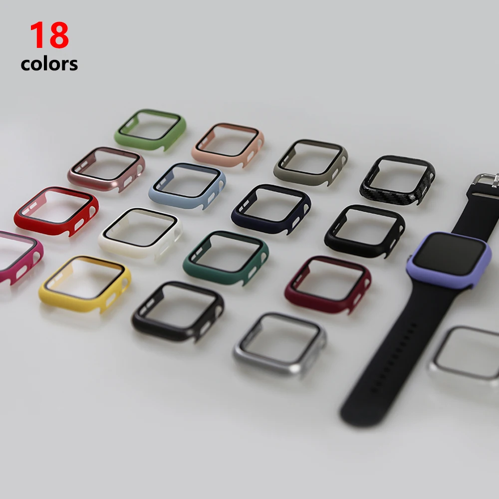 Glass+ Case for Apple Watch 9 45mm 41mm 40mm 44mm 42mm 38mm PC Matte Screen Protector for Iwatch series 8 7 6 5 4 3 2 1 SE