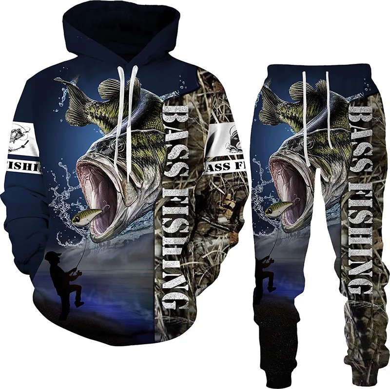 Men Women Hoodie Pants 2Pcs Set Tracksuit Harajuku Camo Love Fishing Hunting Camping Clothes Fashion Outdoor Sportswear S-6XL