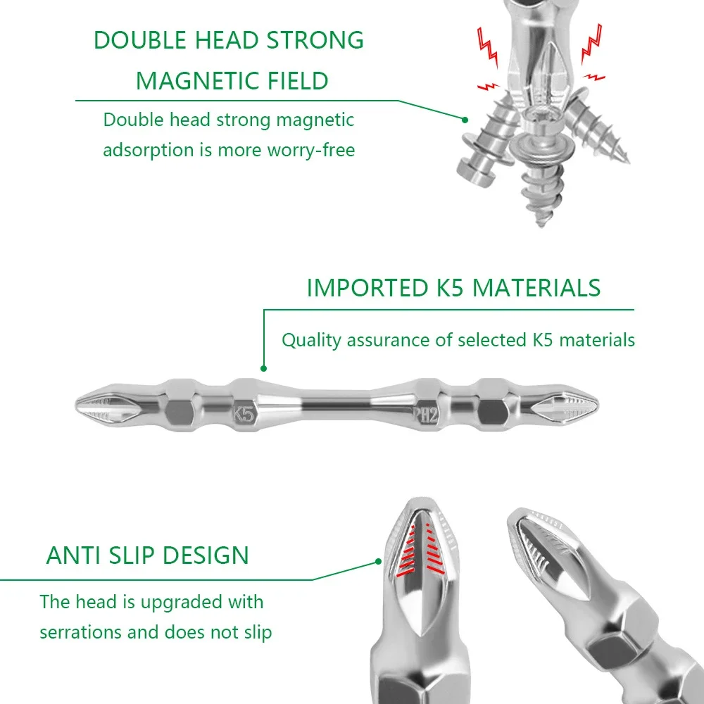 1 PC Double HEAD 65/100 มม.K5 Anti SLIP PH2 เหล็กไขควงไฟฟ้า Phillips ไฟฟ้า Strong Magnetic เจาะไขควงมือ