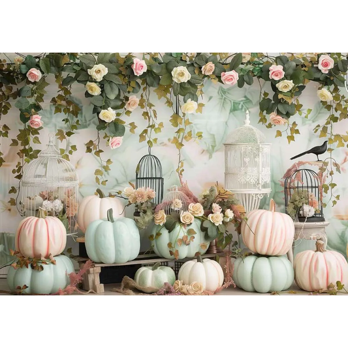 

Allenjoy Pastel Green Pink Pumpkin Flowers Vine Backdrop