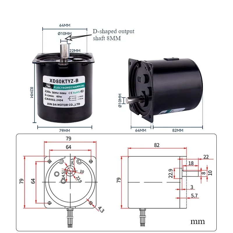 Permanent Magnet AC Synchronous Motor 5-110 RPM AC220V 60W Reversible Eccentric Shaft for Industrial Machinery/Home Appliances