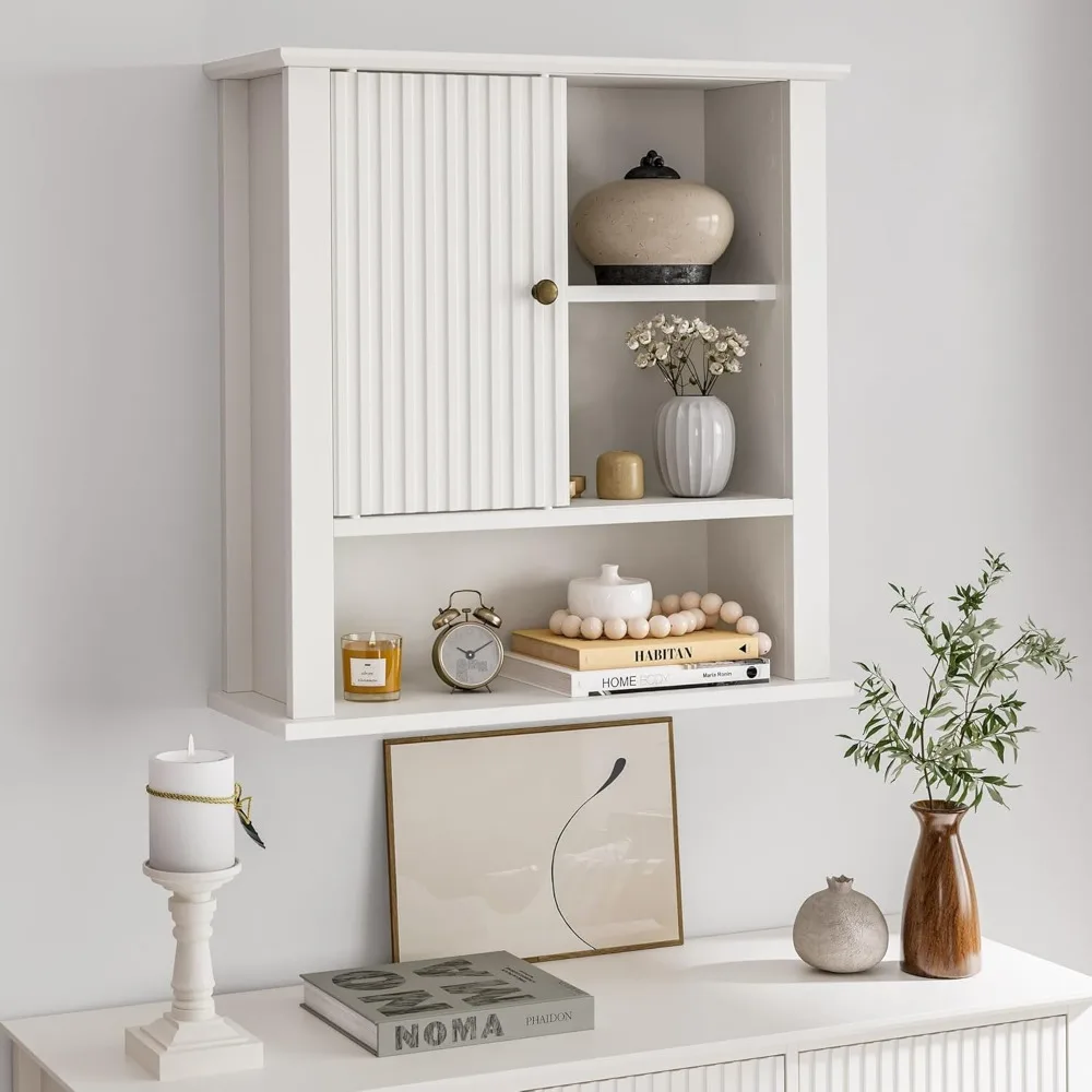 

Bathroom Wall Cabinet with Fluted Sliding Door, Curved Profile Wooden Medicine Cabinet Wall Mounted Cupboard, Over Toilet Stora